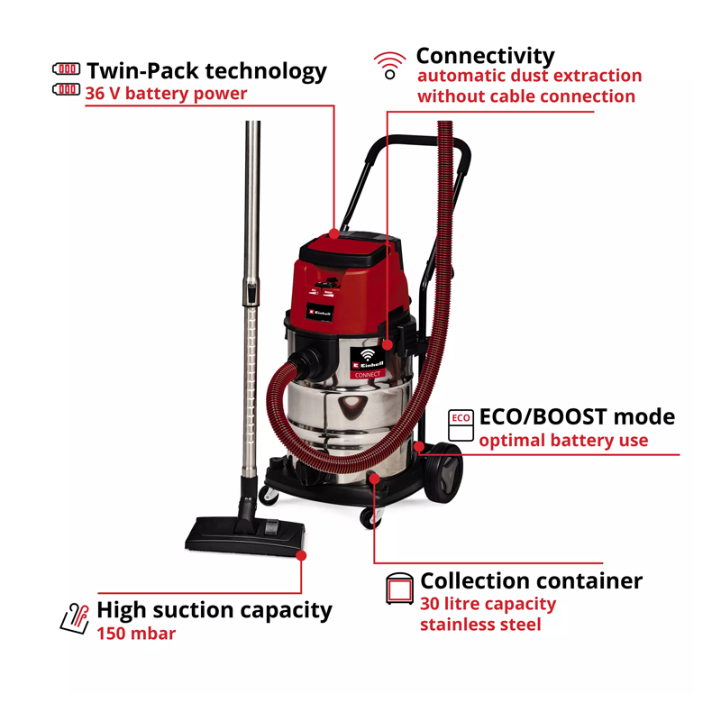 Einhell TP-VC 36/30 S Auto-Solo PXC 36V Professional 30L Stainless Steel Wet/Dry Vac Kit (2x 5.2Ah & PXC Charger) 2347143