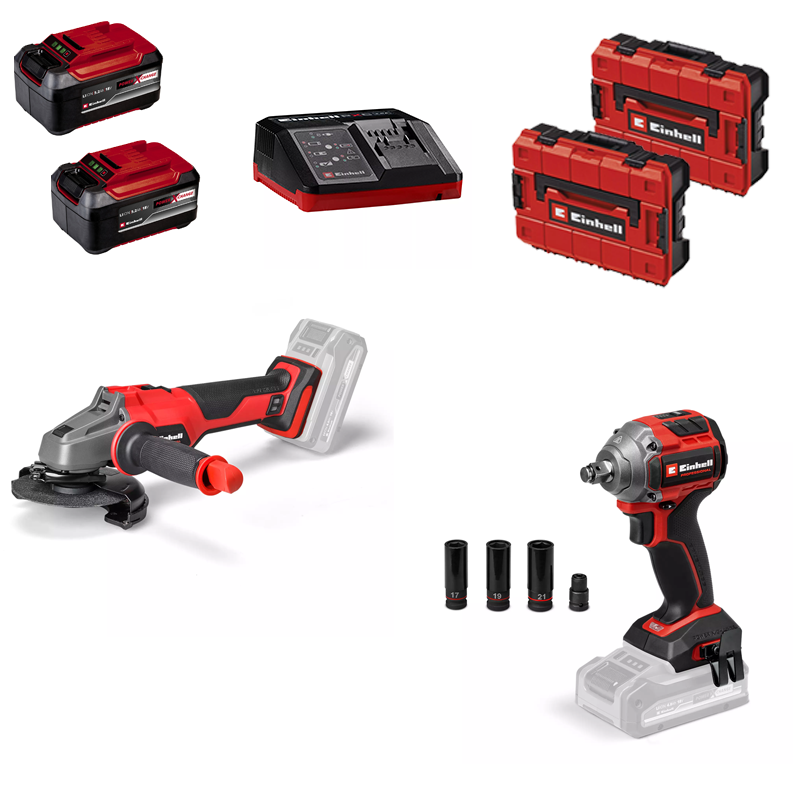 Einhell 18V Professional Automotive Twinpack (115mm Grinder, 260nm Impact Wrench, 2x 5.2Ah Batteries, Charger)