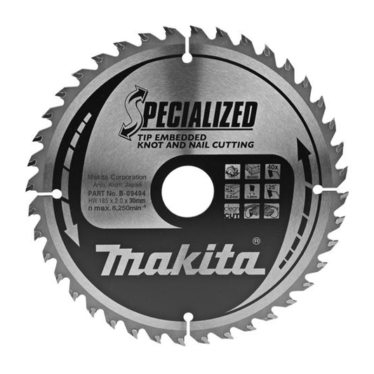 MAKITA SPECIALIZED TIP EMBEDDED TCT BLADE 185MM X 30 X 40T B-09494