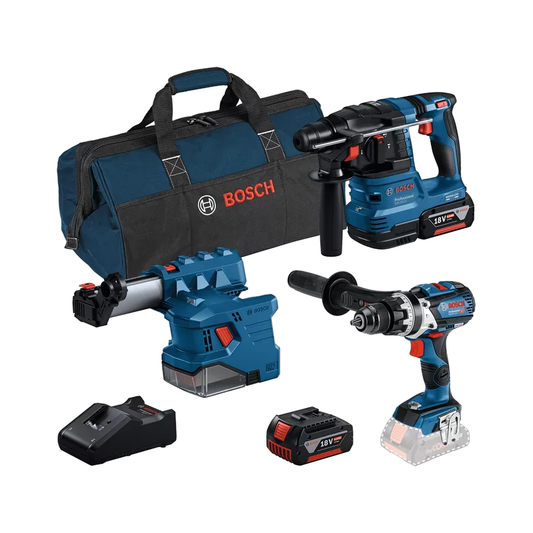 Bosch 18V 2pc Kit Comes With GSB110C, GBH18V-22 GDE18V-12, Dust Extractor 3x 4Ah Batteries 0615A5008A